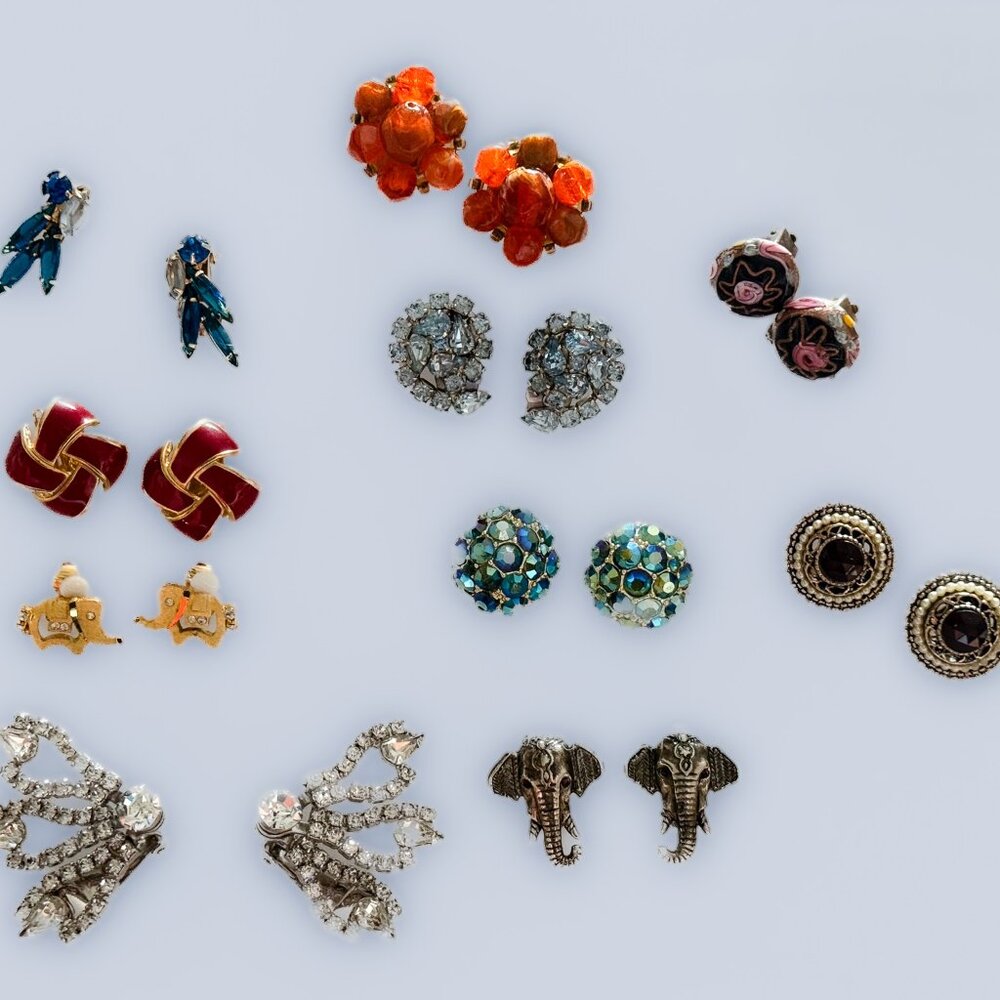 Vintage Costume Earring Lot Lisner Wedding Cake Rhinestone Climber Elephant